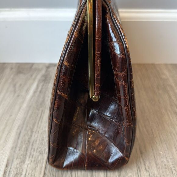 Vintage Ideal Leather Crocodile Bag Brown Embossed Brass Clasp - Picture 5 of 13